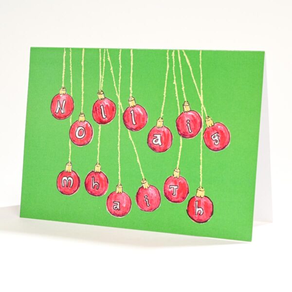 Nollaig mhaith Irish language Christmas card with Christmas tree decorations illustration for sale - photo 0214