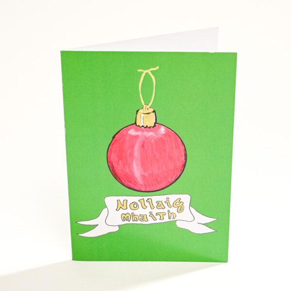 Nollaig mhaith Irish language Christmas card with Christmas tree decoration illustration