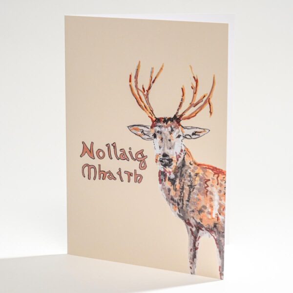 Nollaig mhaith Irish language Christmas card with hand painted deer illustration for sale - photo 0233