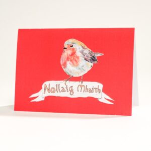 Nollaig mhaith Irish language Christmas card of red robin illustration for sale - photo 0220