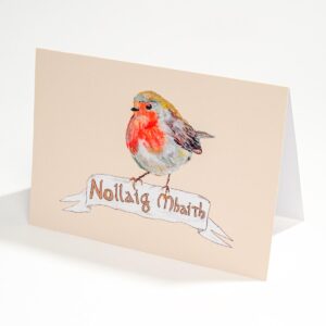 Nollaig mhaith Irish language Christmas card of red robin illustration for sale - photo 0225