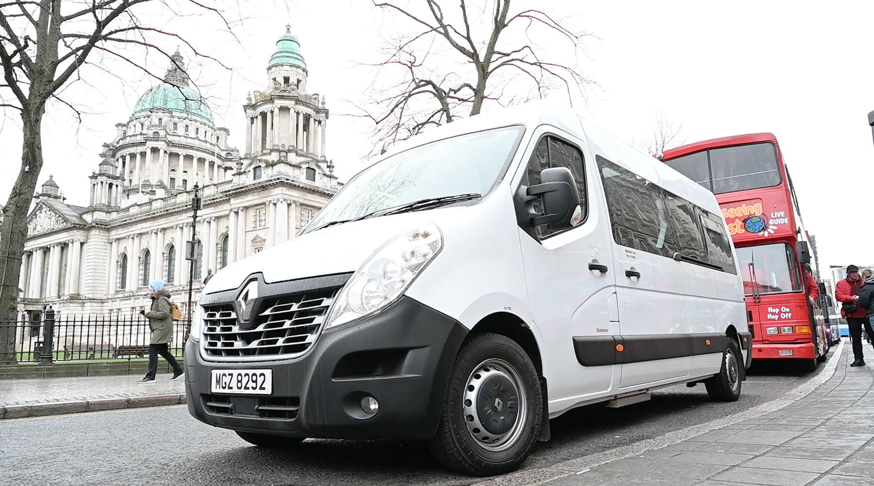 The Journey East Con O'Neill tour bus at Belfast city hall - Journey East Gaelic history bus tours, Belfast, Northern Ireland - photo 0856