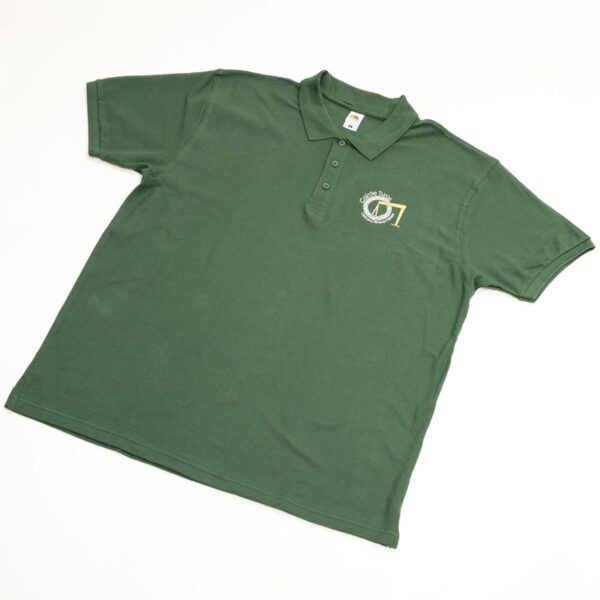 Mens dark green Cairde Turas cotton polo t-shirt Irish gift for sale by Journey East bus and walking tours in Belfast Northern Ireland - photo 1164