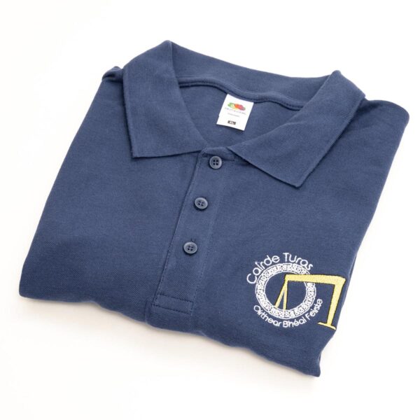 Mens navy blue Cairde Turas cotton polo t-shirt for sale by Journey East bus and walking tours in Belfast Northern Ireland - photo 1168