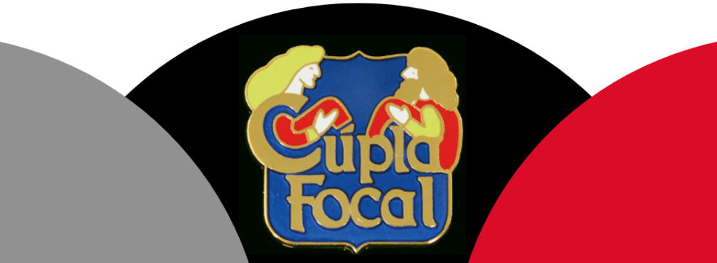 Cúpla Focal badge shown on a white, black, red and grey background