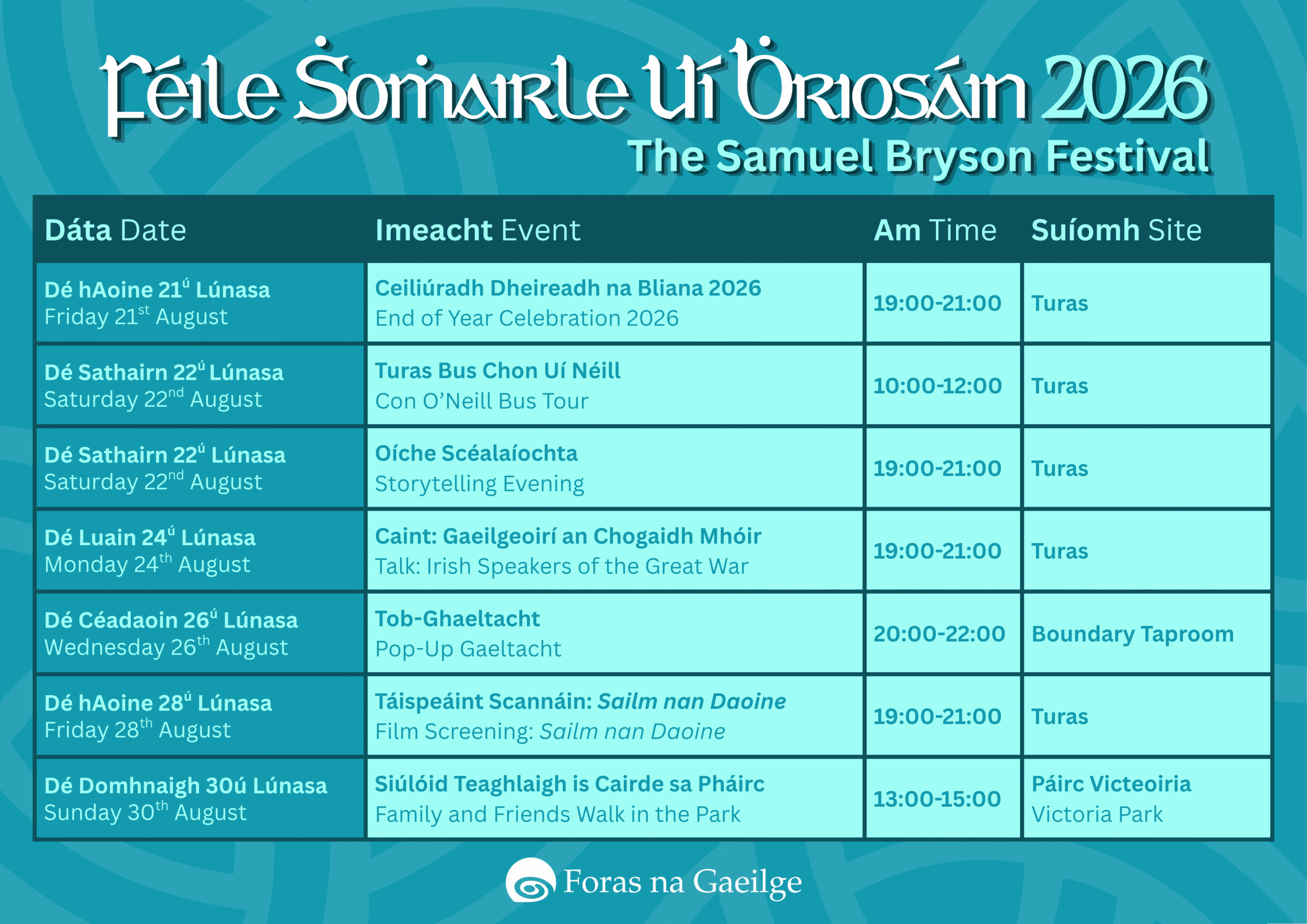 A table showing the series of events for the Samuel Bryson Festival 2026